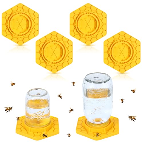 Leinuosen 4 Pcs Bee Feeder for Mason Jar Bee Watering Station for Garden, Sugar Water Feeder Yellow Silicone Hive Drinker for Beekeeping Outside