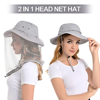 Mosquito Head Net Hat - Bug Cap UPF 50+ Sun Protection with Hidden Netting for Beekeeping Hiking Women - color: Light Grey