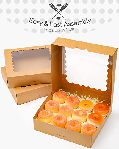qiqee Auto-pop up Brown Pie Boxes with Window 10x10x2.5 inch 30Packs Cookie Donut Bakery Box - color: Brown, size: 10"x10"x2.5"/30 Pcs
