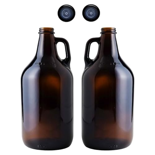 FastRack 64oz Amber Glass Growlers with Polyseal Caps (2 Pack) | Half Gallon (1/2 Gallon) Beer Growler Jugs for Home Brewing, Wine, Cider & Kombucha – Reusable Amber Glass Jugs for Beverage Storage - size: 2 Pack