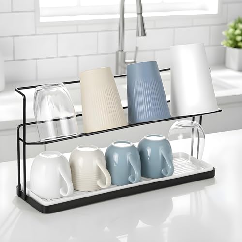 2-Tier Bottle Drying Rack Cup Cradle Storage with Drain Removable Tray Mug Organizer Over Sink Instant Dry Small Dish Dryer for Kitchen Countertop Water Bottles and Tumblers,Coffee Mugs, Glasses 15.7“