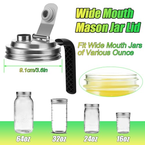 Mason Jar Pour Spout Lid Stainless Steel with Handle, Wide Mouth Pour Spout Flip Cap Lids for Mason Jars, Anticracking Leak Proof Seal Cover Airtight for Drinking Salad Dressing & Food Storing(2PCS) - style: Wide Mouth Stainless Steel Lid with Handle 2 PC