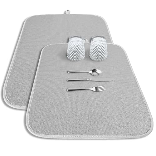 Kitsure Dish Drying Mat - 2-Pack Washable Microfiber Drying Mat for Kitchen Counter, 3-Layer Ultra Absorbent Pad with a Hanging Hook, 20" x 14", Light Gray - color: Light Gray, size: 20" x 14"