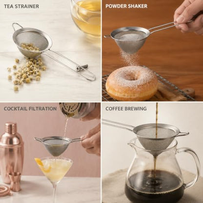 E-far Fine Mesh Strainer Set of 2, 3.3 Inches Stainless Steel Tea Strainer with Long Handle, Small Conical Mesh Strainers Sieve for Cocktail Coffee Food, Rust Proof & Easy to Clean (Silver) - color: Silver-2