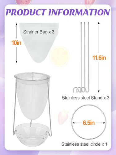 Stable Jelly Strainer Stand with 3 Strainer Bags - Reusable Mesh Filter Bags & Stainless Steel Sieve Stand Kit for Straining Nut Milk Cheese Juice Greek Yogurt, 1 Set