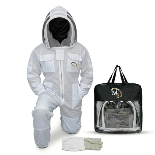 MS Breathable Ventilated 3Layers Beekeeping Suit with Fencing Veil & Protective Gloves – Full Body Beekeeper Suit - color: White, size: Medium