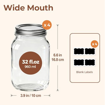 ComSaf Wide Mouth Mason Jars 32 oz with Lids 4 Pcs, Quart Mason Jars with Seal Band, Large Glass Jar, Big Canning Containers for Pickles, Jams, Sauces, Salsa, Sourdough, Juice, Suntea, Food Storage - size: 32oz wide mouth 4PCS