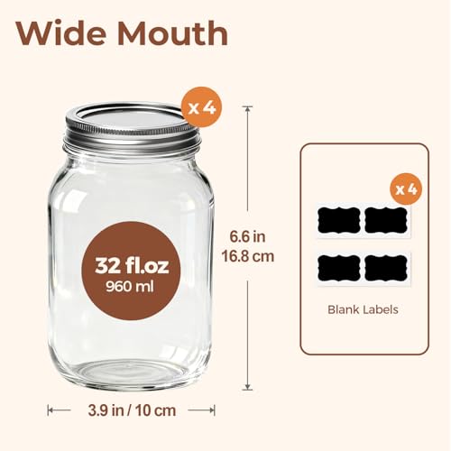 ComSaf 32 oz Wide Mouth Mason Jars 4 Pack Large Glass Jars with Lids | BPA-Free Materials, Quart Size, Chunky Salsa, Canning Pickling Sauce, Meal Prep Salad, Sourdough, Jam Jelly, Meal Prep - size: 32oz wide mouth 4PCS