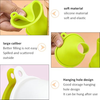 4 Pack 2 Colors Wide Mouth Silicone Funnel Kitchen Liquid Funnel Regular Mouth White Yellow Green Soft Rubber Cooking Hopper for Canning Jar Filling Bottle Liquid Kitchen Use Accessories