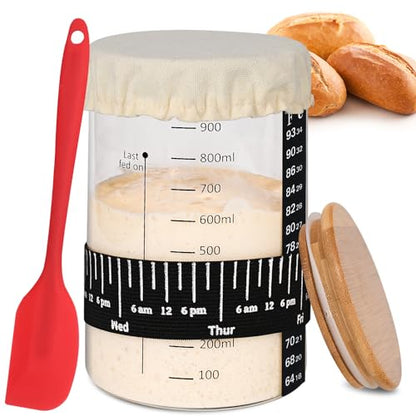 Xileanalee Pro Sourdough Starter Jar Kit- 35 Oz Large Sourdough Starter Glass Jar with Date Marked Feeding Band,Thermometer,Spatula,Cloth Cover& Lid for Sour Dough Bread Loaf - size: 1 Pcs