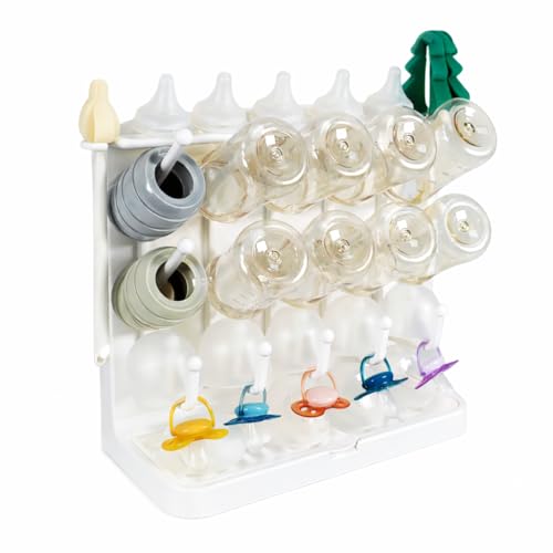 LUNELL Baby Bottle Drying Rack 20 Hooks Space-Saving Vertical Brush Holder | Drip Tray, Countertop Organizer, Pump Parts, Pacifiers, Nipples, Baby Feeding Accessories, Ivory White