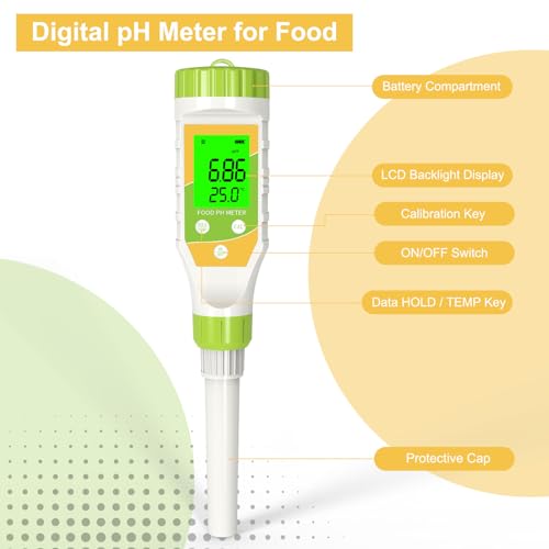 Digital pH Meter for Food Hot Sauce Canned foodpH Tester 0.01 Resolution High Accuracy Food pH Testerwith Backlit LCD Display and ATC for MEA
