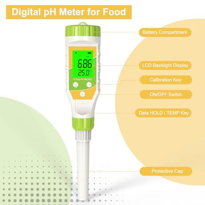 Digital pH Meter for Food Hot Sauce Canned foodpH Tester 0.01 Resolution High Accuracy Food pH Testerwith Backlit LCD Display and ATC for MEA