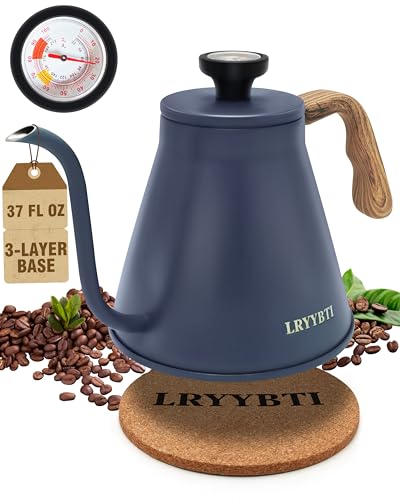 Gooseneck Kettle Stovetop, Blue, 37 fl oz | Thermometer, 3-Layer Base, Pour Over Kettle, Stainless Steel, Compatible with all Stove Tops - color: Blue