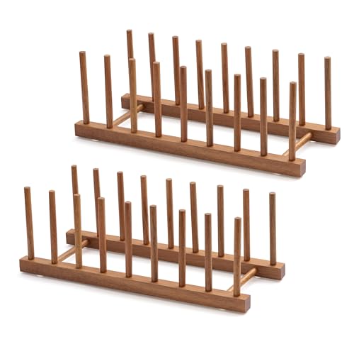 HBlife 2pcs Acacia Wooden Dish Dying Rack Pot Lid Plate Organizer Holder for Cabinet, Cutting Board Stand Drainer Storage Plate Rack for Dish, Pot Lid, Bowl, Cup, Cutting Board and Books - color: Acacia 8 Slots 2pcs