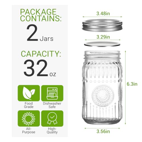 2-Pack 32oz Wide Mouth Mason Jars with Lids, Bands & Sunflower Pattern | Quart Glass Canning Jars for Overnight Oats, Pickling, Food Storage, DIY Crafts, Wedding Favors - color: Clear-32oz 2pcs