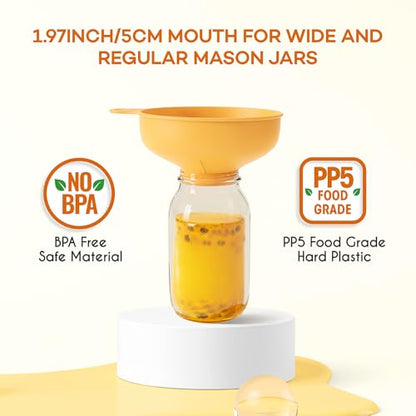 Pisol Wide Mouth Versatile Funnel, Canning Funnels for Kitchen Use, Food Grade Plastic Cooking Funnel Set with 4 Size Spouts and 2 Strainers for Filling Different Bottles and Bags, Orange