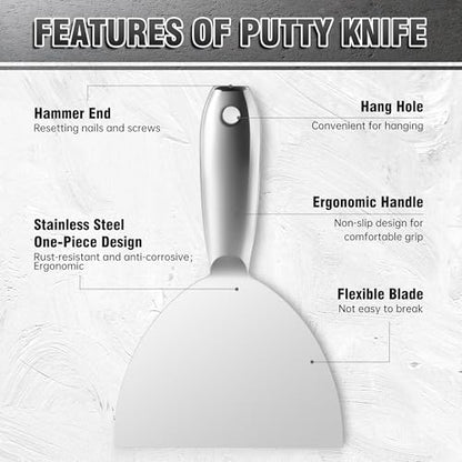 Fishark Putty Knife, 6 Inch One Piece Stainless Steel Scraper, Spackle Knife, Putty Knife Scraper, Wallpaper Scraper Paint Scraper Tool for Drywall Repair, Removing Wallpaper, Mud, Applying Plaster - color: 6″