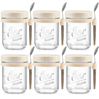 6 Pack Overnight Oats Containers with Lids and Spoons, 16 oz Glass Mason Overnight Oats Jars, Large Capacity Airtight Jars for Milk, Cereal, Fruit(Beige） - color: Beige