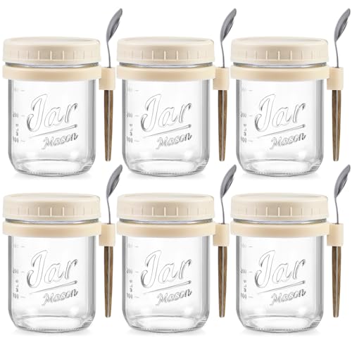 6 Pack Overnight Oats Containers with Lids and Spoons, 16 oz Glass Mason Overnight Oats Jars, Large Capacity Airtight Jars for Milk, Cereal, Fruit(Beige） - color: Beige