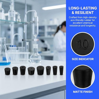 8Pcs Solid Rubber Stopper Bungs - 10MM to 15MM Rubber Tapered Plug Flexible Durable Test Tubes Bungs with Hole, Easy to Insert & Remove for Lab Apparatus Home Flask - color: 10mm to 15mm