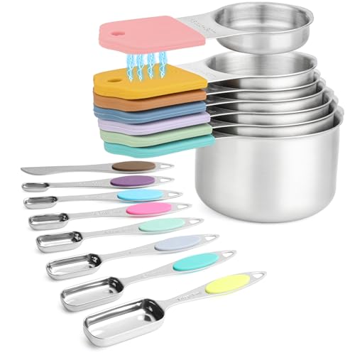 Magnetic Measuring Cups and Spoons Set, 7 Stainless Steel Measuring Cups and 7 Rectangular Metal Teaspoon with 1 Leveler for Cooking & Baking (Colorful) - color: Colorful