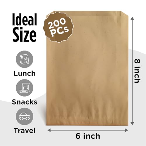Kraft Paper Sandwich Style Bags (200) 6"x 1"x 8" Dry Wax Grease Resistant Bags. Perfect for Sandwiches, Cookies, Pastries, Take Out, and Gifts. Made in USA. - color: Brown
