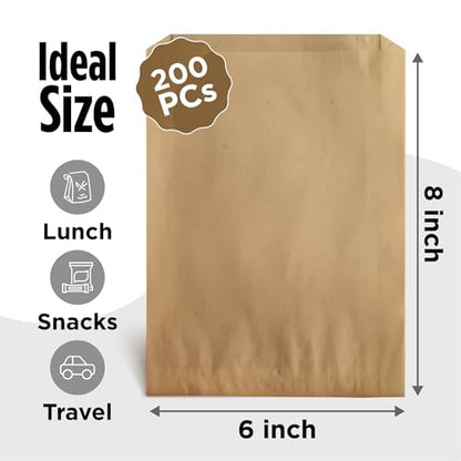 Kraft Paper Sandwich Style Bags (200) 6"x 1"x 8" Dry Wax Grease Resistant Bags. Perfect for Sandwiches, Cookies, Pastries, Take Out, and Gifts. Made in USA. - color: Brown