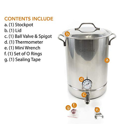 GasOne 16 Gallon Stainless Steel Home Brew Kettle Pot Pre Drilled 4 PC Set 64 Quart Tri Ply Bottom for Beer Brewing Includes Stainless Steel Lid Ball Valve, Thermometer, Spigot - Home Brewing Supplies - size: 64 QT/16 GALLON