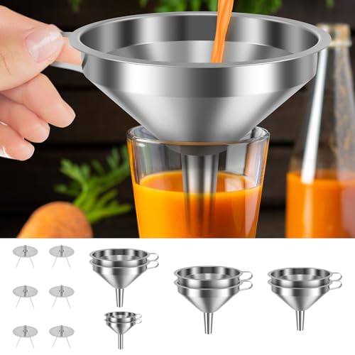 14 Pack Stainless Steel Funnels with 6 Fine Mesh Strainers, 4 Sizes 2.2-5.9 Inches Food Grade 304 Metal Kitchen Funnel Set for Filling Bottles, Oil, Jam, Juice, Wine, Milk, Powder, Canning - color: Silver 14pcs
