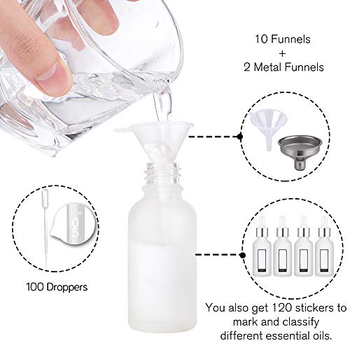 PrettyCare Glass Dropper Bottles Set of 99, 1oz (30ml) Frosted Empty Thick Bottles Bulk with Leakproof Silver Caps - With Labels & Funnels for for Storage, Travel,Essential Oils, DIY Serums - color: 1oz Frosted, style: 99 Pack