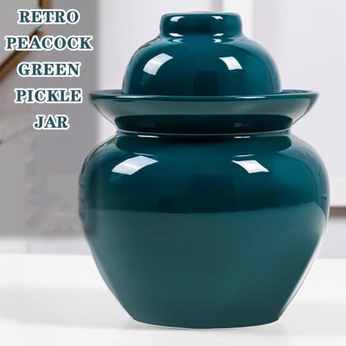 Peacock Green Retro Fermentation Crock, Old Traditional Water-Sealed Kimchi Jar, Thickened Ceramic Pickling Crock, Enameled Inside and Outside(5kg/176.4oz) - size: 5kg/176.4oz