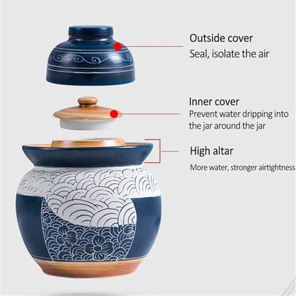 Ceramic Fermentation Jar with Water Seal Lid, Chinese Porcelain Pickle Crock for Vegetables Storage Kitchen Container Home Use(Large) - size: Large
