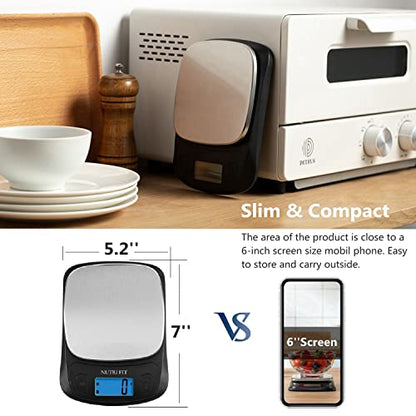NUTRI FIT Ultra Slim Kitchen Scale Digital Food Weight Scale for Baking Cooking in Grams and Ounces Tare & Backlit LCD Display 11lb 5kg Capacity- Black/Stainless Steel - color: Black