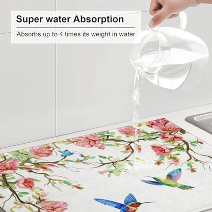 Hummingbird Butterfly Magnolia Dish Drying Mat For Kitchen Counter, Super Absorbent Microfiber Dish Drying Pad, Kitchen Gadgets For Easy Clean Multi-Use Large 18"x24" - color: Hummingbird Butterfly Magnolia
