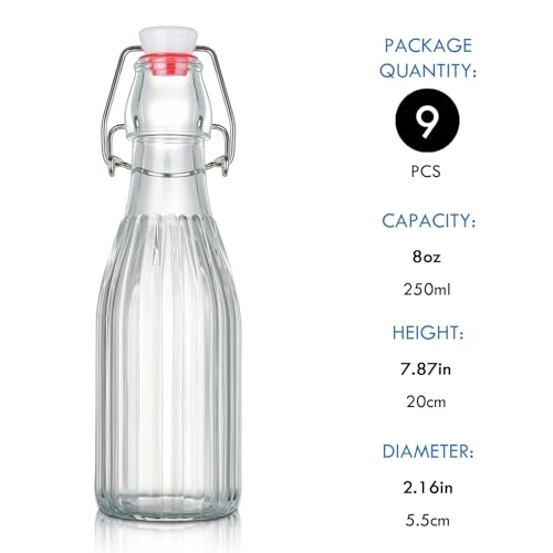 9 Pack Swing Top Glass Bottles 8oz Flip Top Glass Bottles with Airtight Lids for Home Brewing,2nd Fermentation,Kombucha,Kefir,Vanilla Extract,Juice,Tea,Beverages,Soda,Oil,Vinegar,Limoncello,Beer
