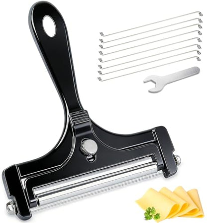 Cheese Slicer, AIDOIT Stainless Steel Wire Cheese Slicer, Adjustable Thickness Cheese Cutter with 8 Extra Wires for Soft, Semi-hard, Hard Cheeses, Black - color: Black