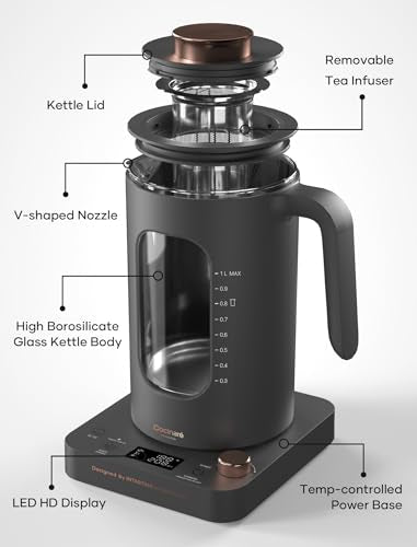 Electric Tea Kettle, INTASTING Glass Electric Kettle with tea Infuser and Precise knob temperature control, 1200W Fast Heating, BPA-Free, Easy to Clean, 1 Liter (Dark Gray) - color: Dark Gray