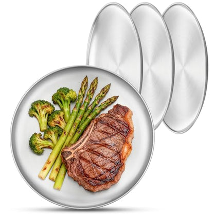 Metal Camping Plates, 4 Pack 9.1 inch Small 201 Stainless Steel Plates, Reusable Pizza Food Serving Snack Eating Salad Dishes Round Shatterproof Brushed Finish Silver Dish Oven Dishwasher Safe - size: 9.1"