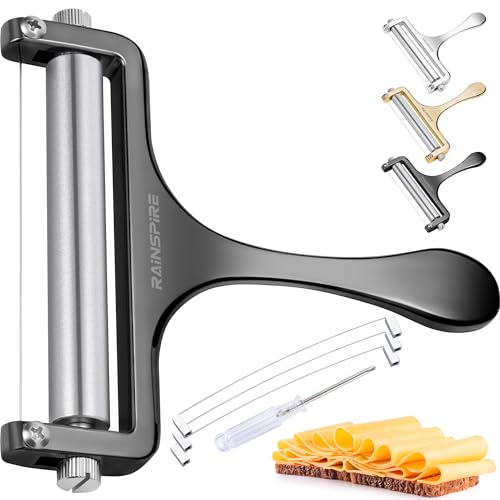 Rainspire Upgraded Cheese Slicer with Replaceable Wires Stainless Steel Cheese Slicers for Block Cheese Adjustable Cheese Cutter for Mozzarella, Cheddar, Gruyere Charcuterie Accessories, Black - color: Black