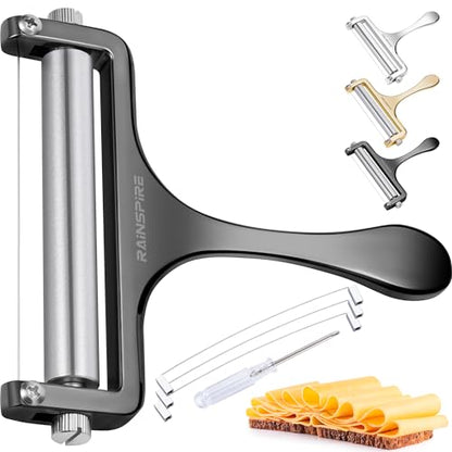 Rainspire Upgraded Cheese Slicer with Replaceable Wires Stainless Steel Cheese Slicers for Block Cheese Adjustable Cheese Cutter for Mozzarella, Cheddar, Gruyere Charcuterie Accessories, Black - color: Black