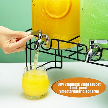 1 Gallon Glass Drink Dispensers for Parties, 2PACK Beverage Dispenser with Stand, Ice Cylinder and Stainless Steel Spigot 100% Leakproof, Beverage Dispenser for Lemonade Sun Tea - size: 1 Gallon Double with Stand
