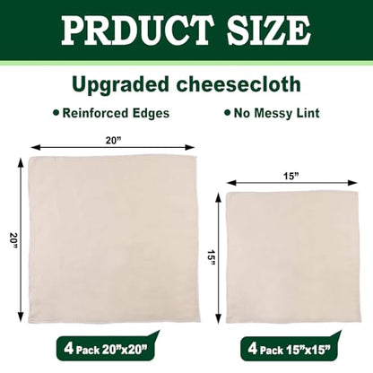 Cheese Cloths for Straining, 8 Pack Grade 100 Unbleached Hemmed Cheesecloth for Basting Turkey, Canning, Straining, Cheesemaking, Natural Ultra Fine (8, 15 * 15''&20 * 20") - size: 15*15''&20*20"