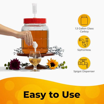 Mead Making Kit - 1.3 Gallon Complete Mead Kit with Wide Mouth Carboy & Spigot for Easy Bottling, Perfect for Beginners - Just Add Local Honey for Mead Making & Flavor Experiments