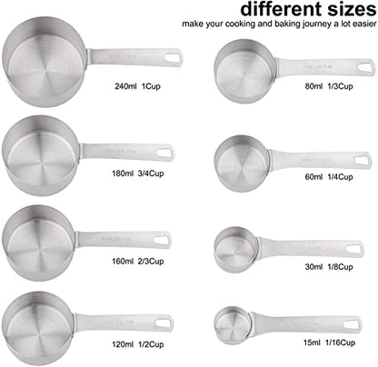 Measuring Cups and Spoons Set, 18/8 Metric & US Stainless Steel 8 Measuring Cups & 9 Spoons with 1 Leveler & 1 Measurement Conversion Chart for Baking & Kitchen - size: B: 8cups+9spoons