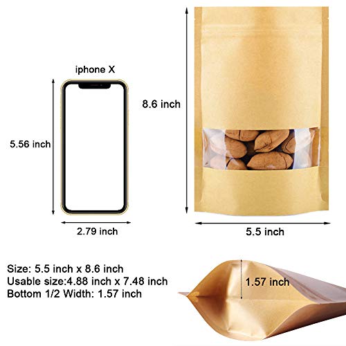 100 Pcs Resealable Stand Up kraft Paper Bags with Window for Packaging Products, Reusable Zip Lock Food Storage Pouch Bags (5.5" x 8.6") - size: 5.5" x 8.6"