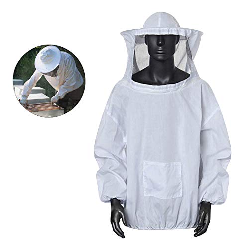 HAOZAIKEJI Professional Beekeeper Jacket Pull Over Beekeeping Suit Breathable Beekeeper Protective Clothing with Veil Hood for Beginner and Professionals - color: White