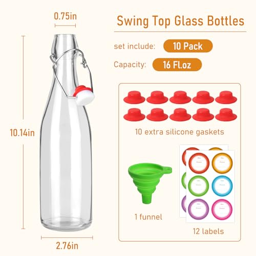16 oz 10 Pack Swing Top Glass Bottles, Flip Top Brewing Bottle with Airtight Stopper Lids for Fermentation, Soda, Kombucha, Juice, Kefir, Wine