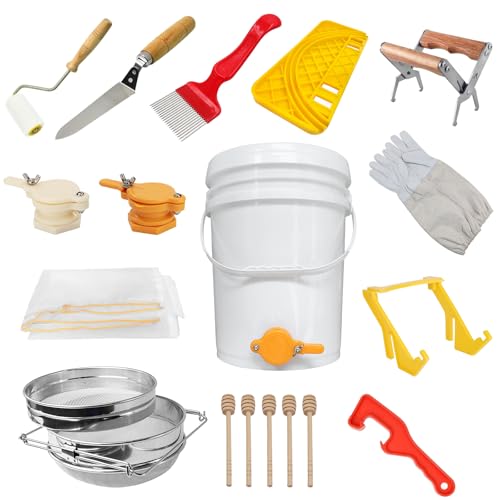 Honey Harvesting Beekeeping Starter Tool Kit, Set of 13,5 Gallon Plastic Honey Bucket Set for Beekeeping Supplies