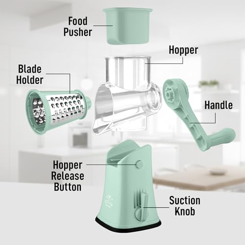 Zulay Kitchen Rotary Cheese Grater 5 Blade Cheese Shredder - Manual Hand Crank Cheese Grater With Reinforced Suction & 5 Interchangeable Drums - Easy to Use, Vegetable Chopper Round Mandoline Slicer - color: Seafoam